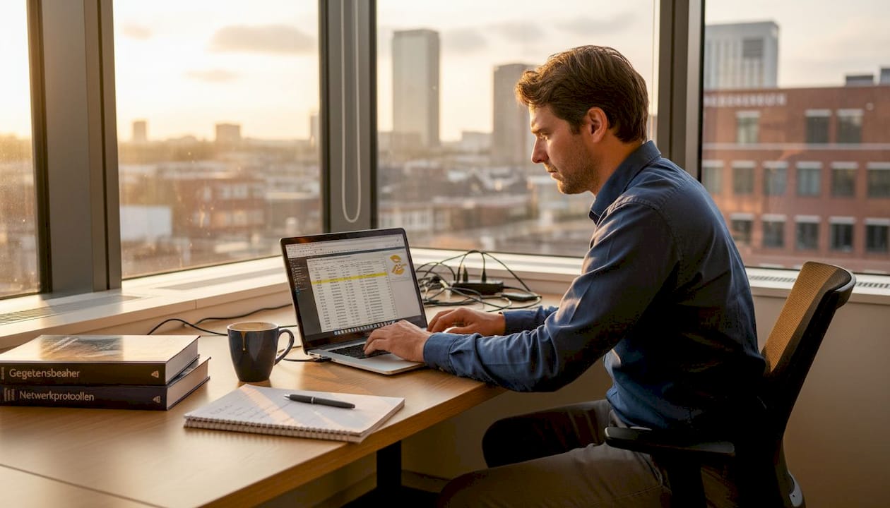 Een IT-specialist bekijkt verschillende mogelijkheden aan zijn bureau op kantoor.