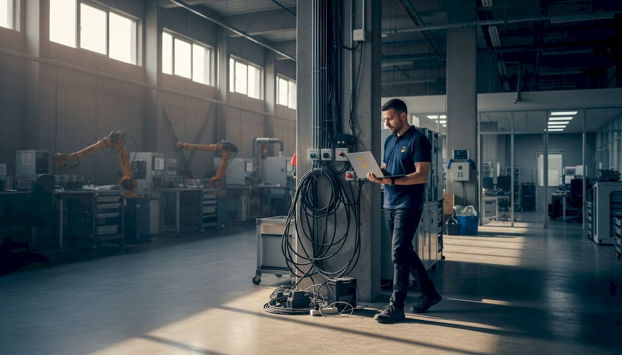 De ICT-manager loopt een rondje door de productiehal om te checken of het wifi-netwerk overal goed werkt.
