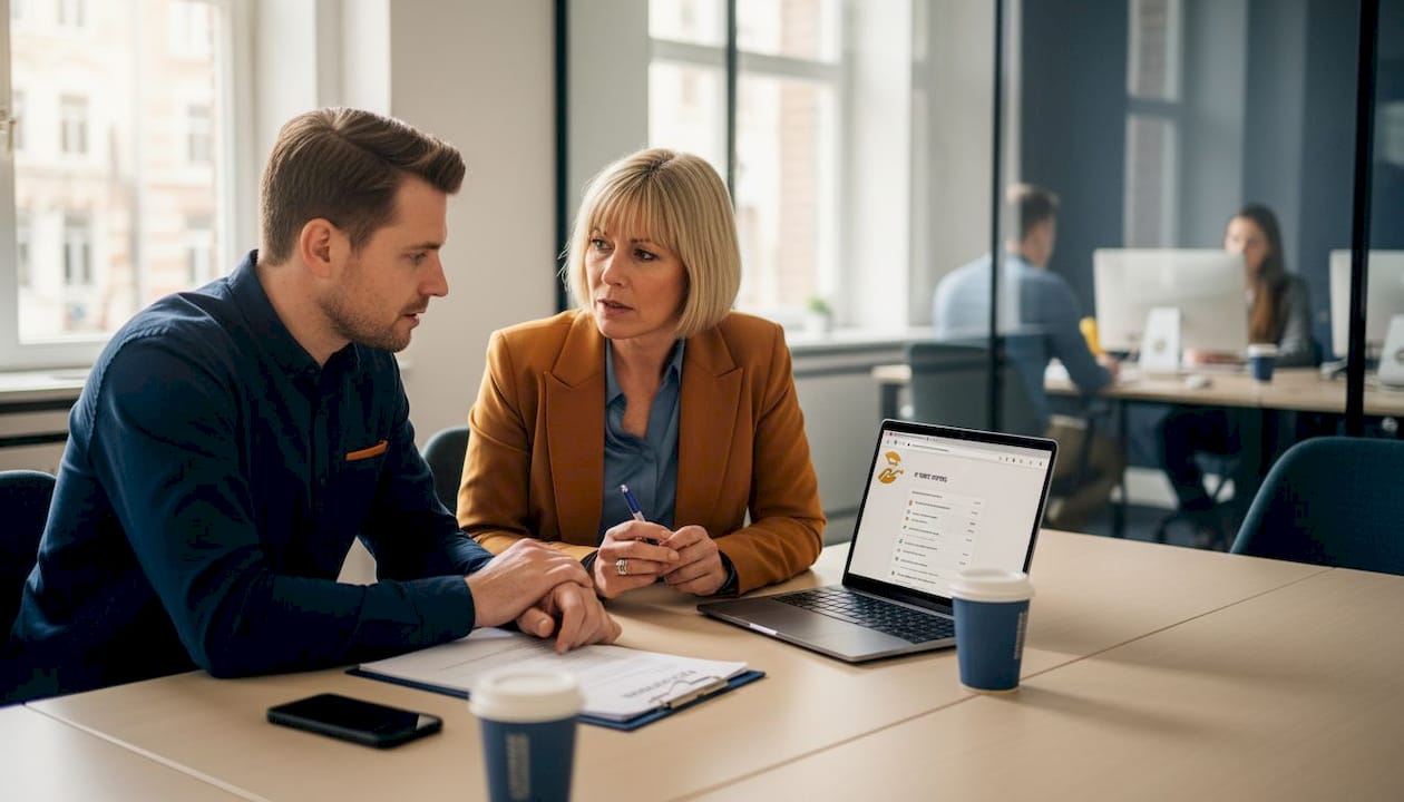 IT-consultant en ondernemer overleggen samen over de bedrijfsstrategie