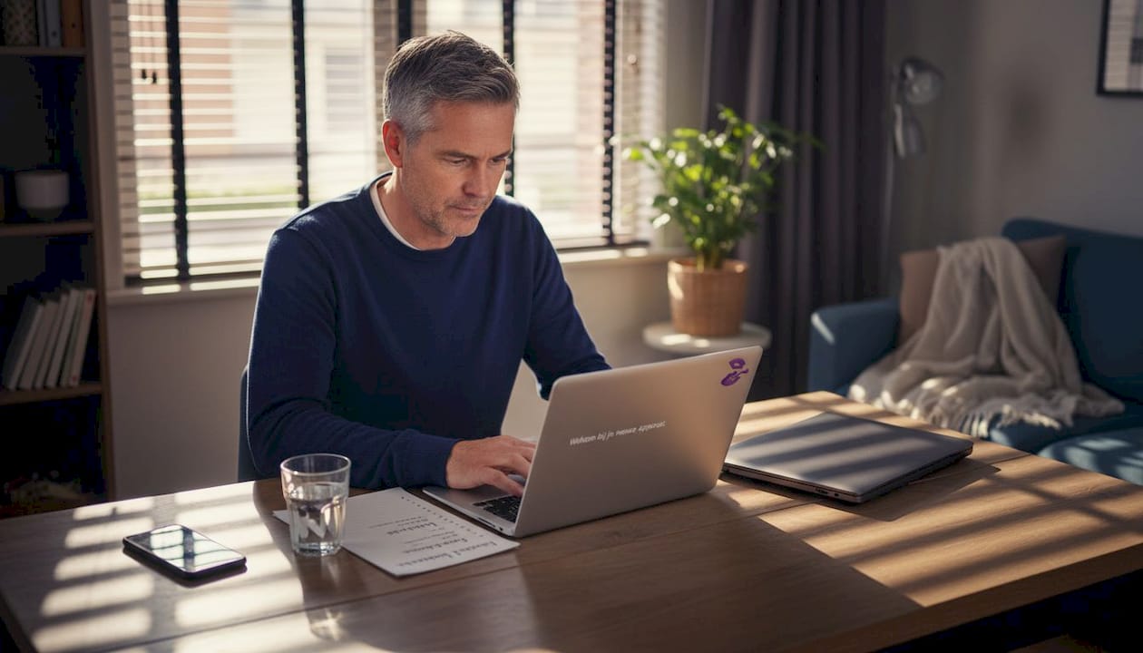 Man zet zijn laptop neer aan de eettafel in een typisch Nederlandse eetkamer.