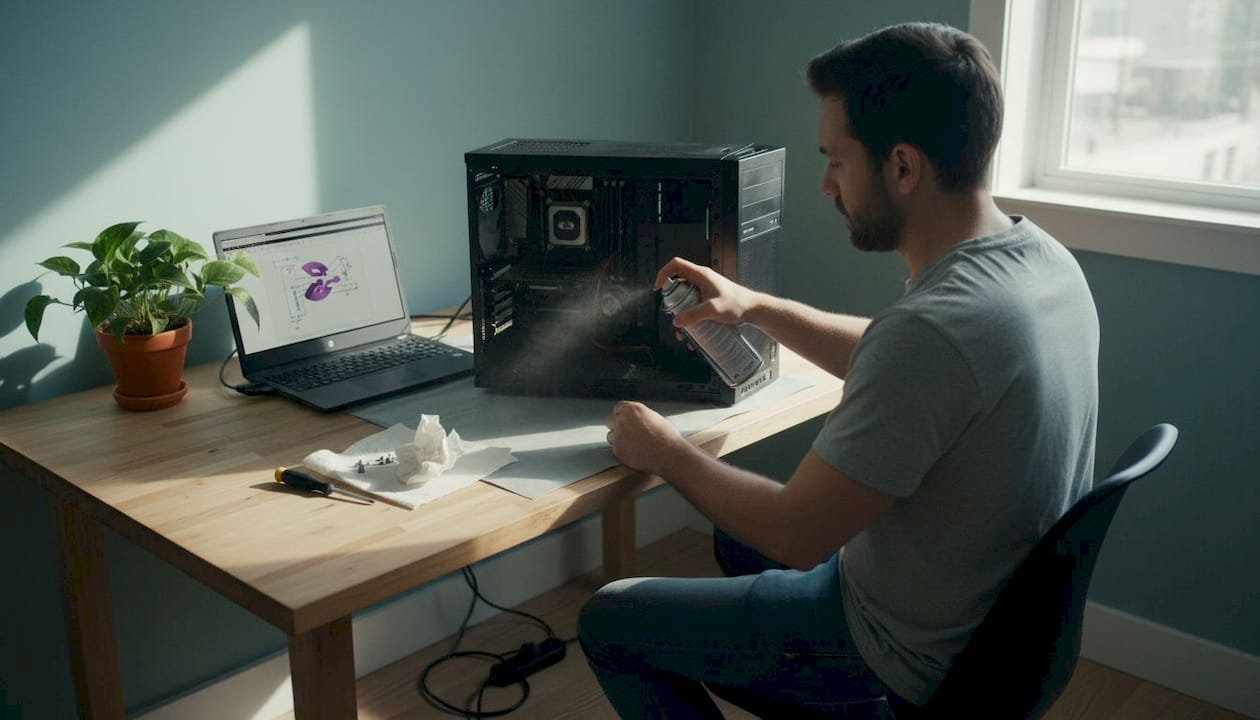 Iemand is bezig met het schoonmaken en onderhouden van zijn computer in de werkkamer thuis.