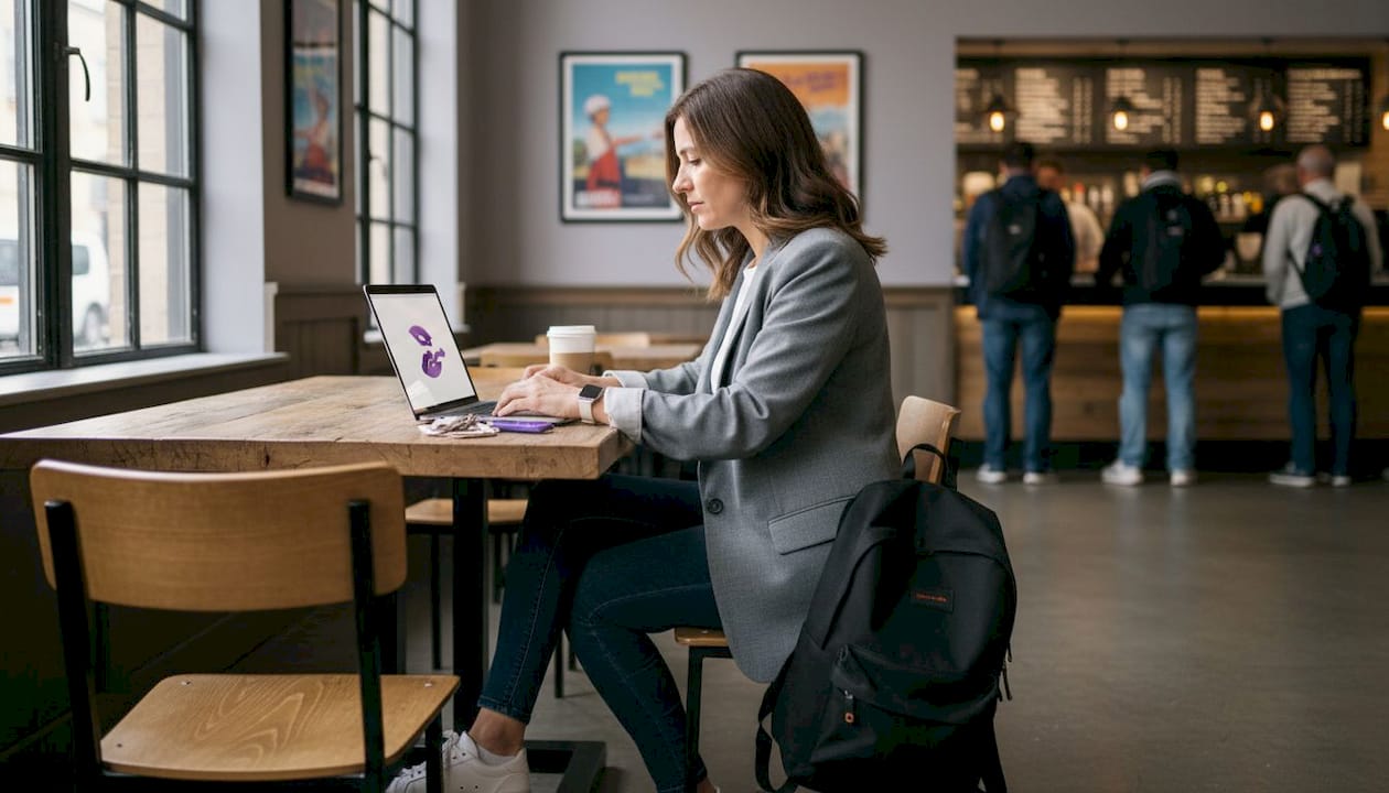 Een vrouw zit met haar laptop te werken in een café op het station.