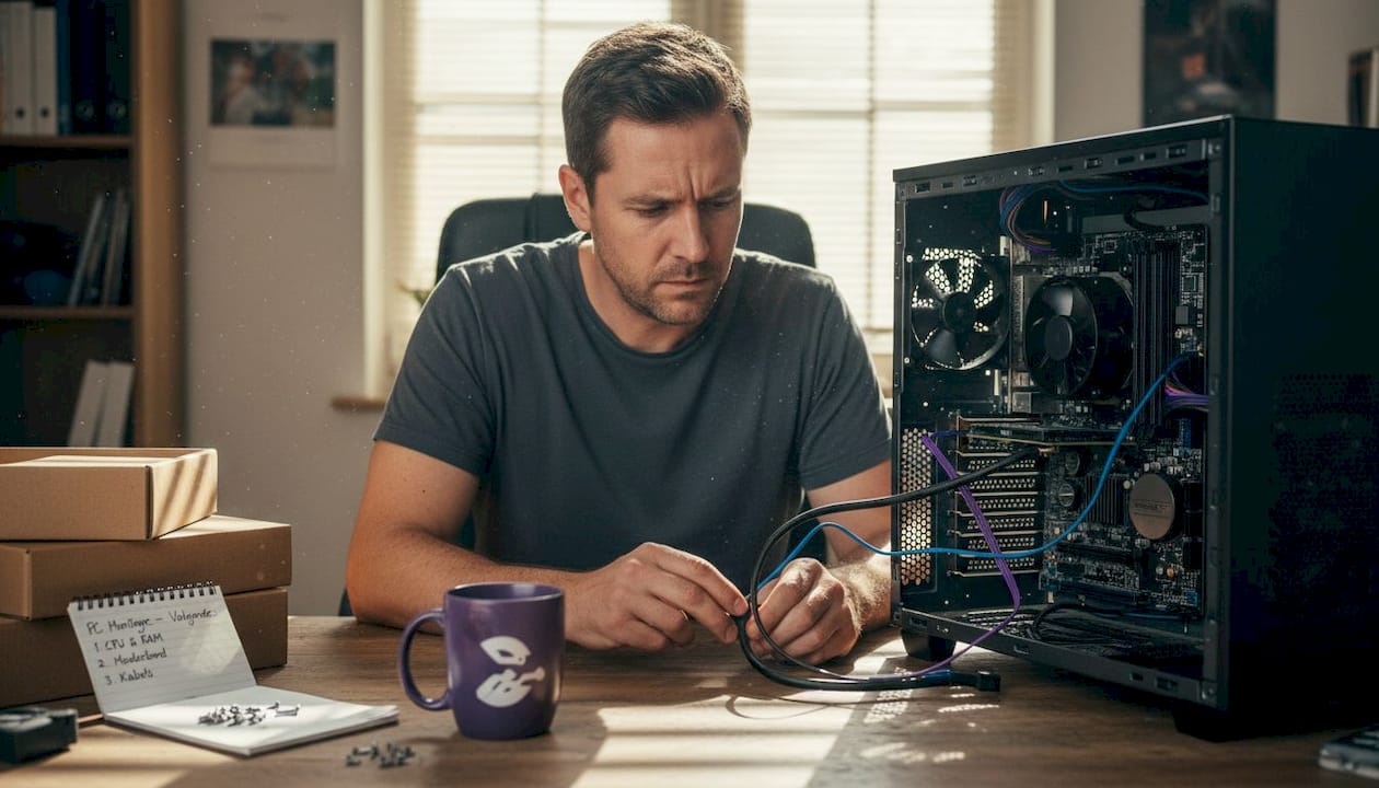 Man zet eigen computer in elkaar met losse onderdelen op zijn bureau