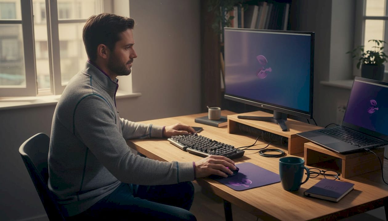 Op kantoor maakt de medewerker gebruik van ergonomische hulpmiddelen aan zijn werkplek.
