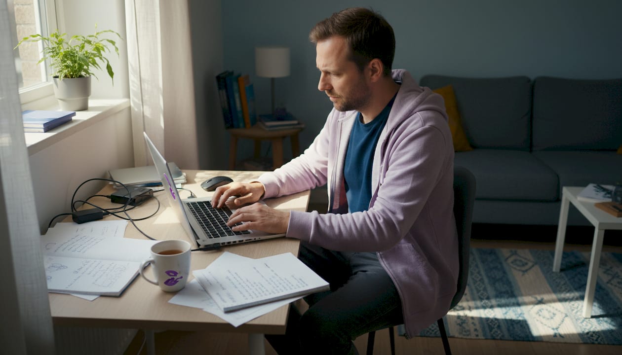 Man probeert zijn trage laptop weer op gang te krijgen aan een rommelig bureau.