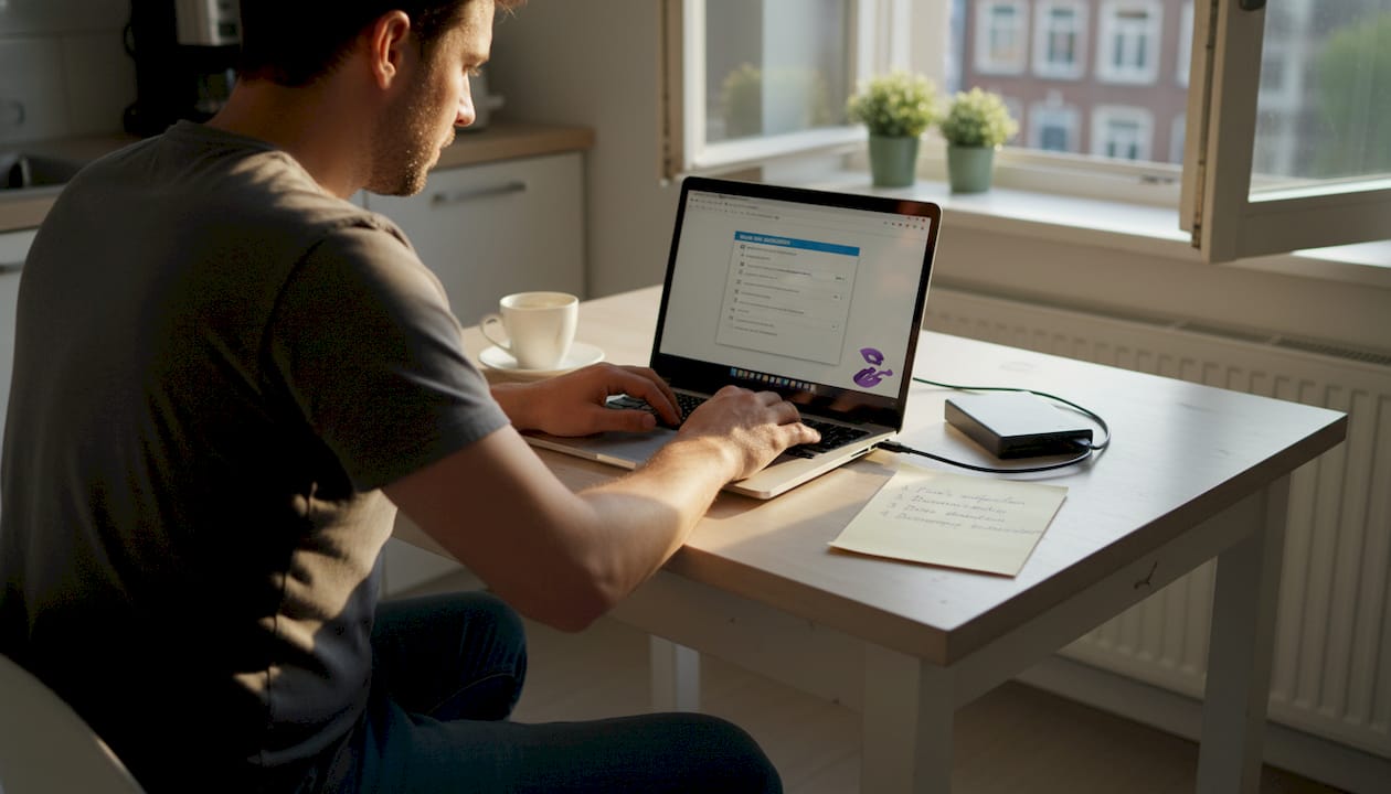 Man maakt laptop klaar voor reset aan de keukentafel