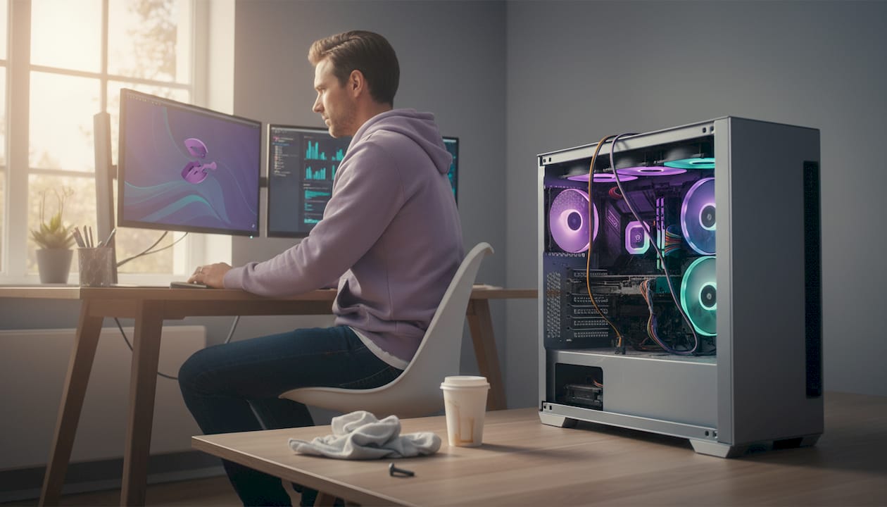Man maakt de ventilator van zijn computer schoon aan zijn bureau