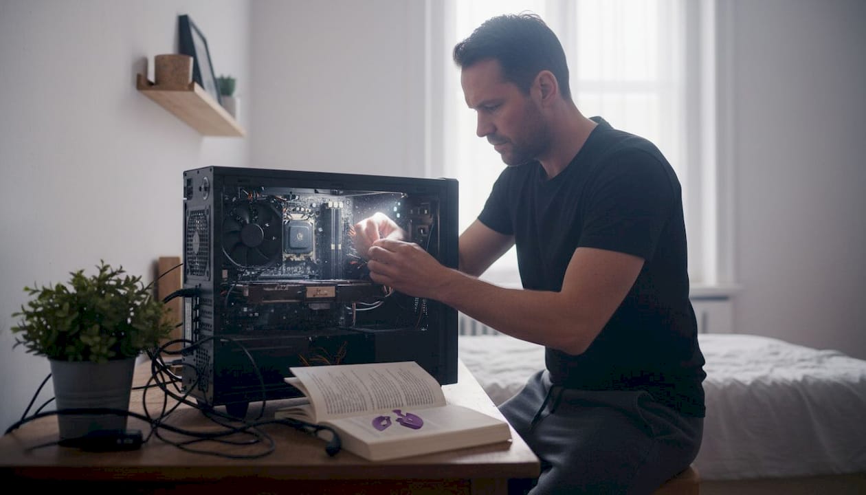 Een monteur sleutelt aan een desktopcomputer aan de eettafel thuis.