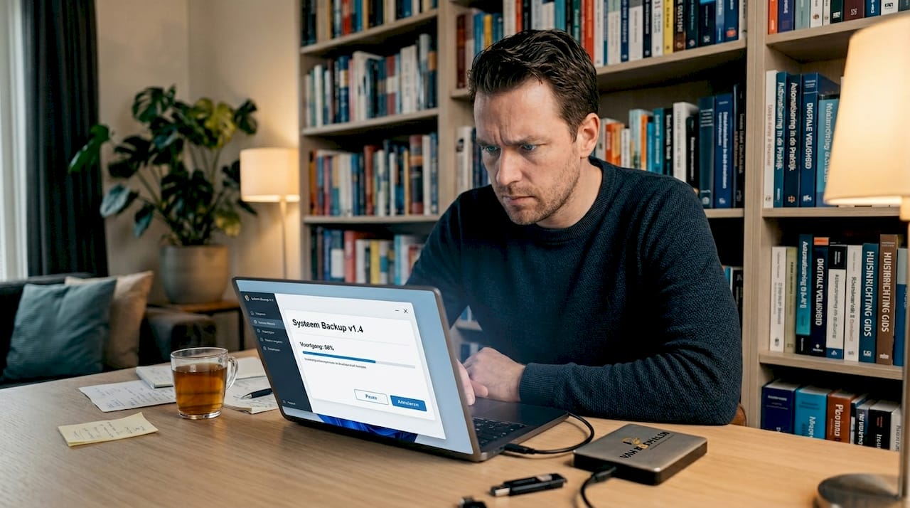 Man zet back-up in gang op zijn laptop op het thuiskantoor