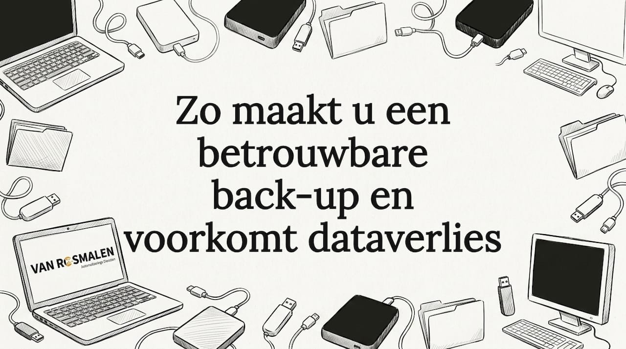 Stijlvolle titelkaart met IT-hardware rondom een leeg centraal vlak