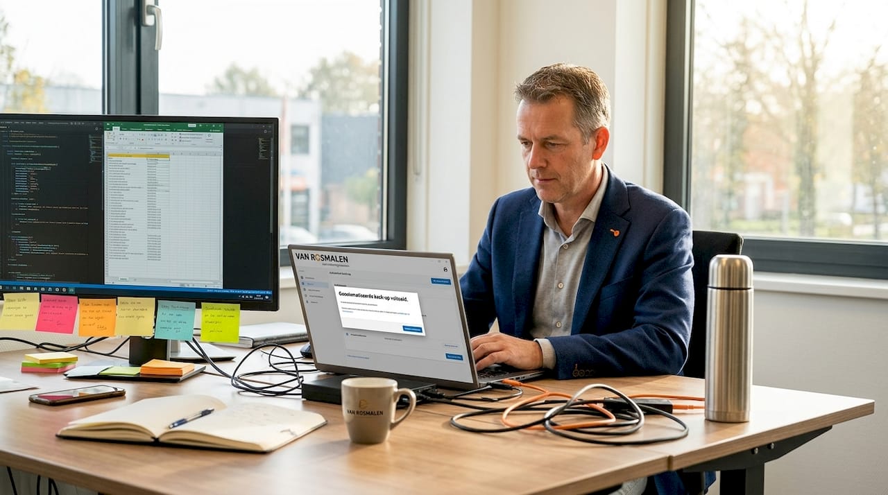 Een medewerker van een mkb-bedrijf houdt het cloudbeheer scherp in de gaten op een druk kantoor.