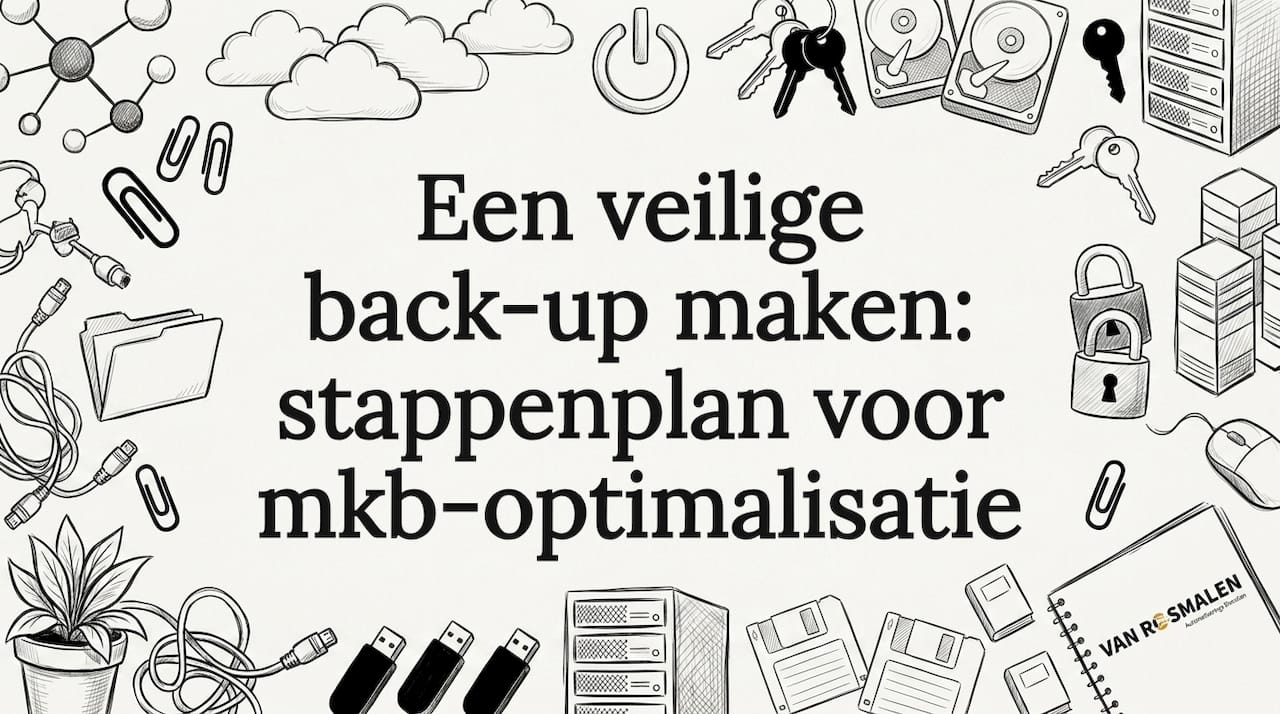 Met de hand getekende titelkaart met hardware, wolken, USB-sticks en typische kantoorspulletjes.