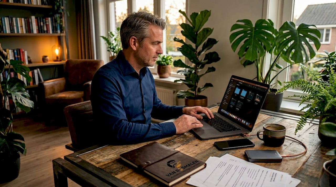 Een man is op kantoor aan het werk achter zijn computer, terwijl hij gebruikmaakt van een externe harde schijf.