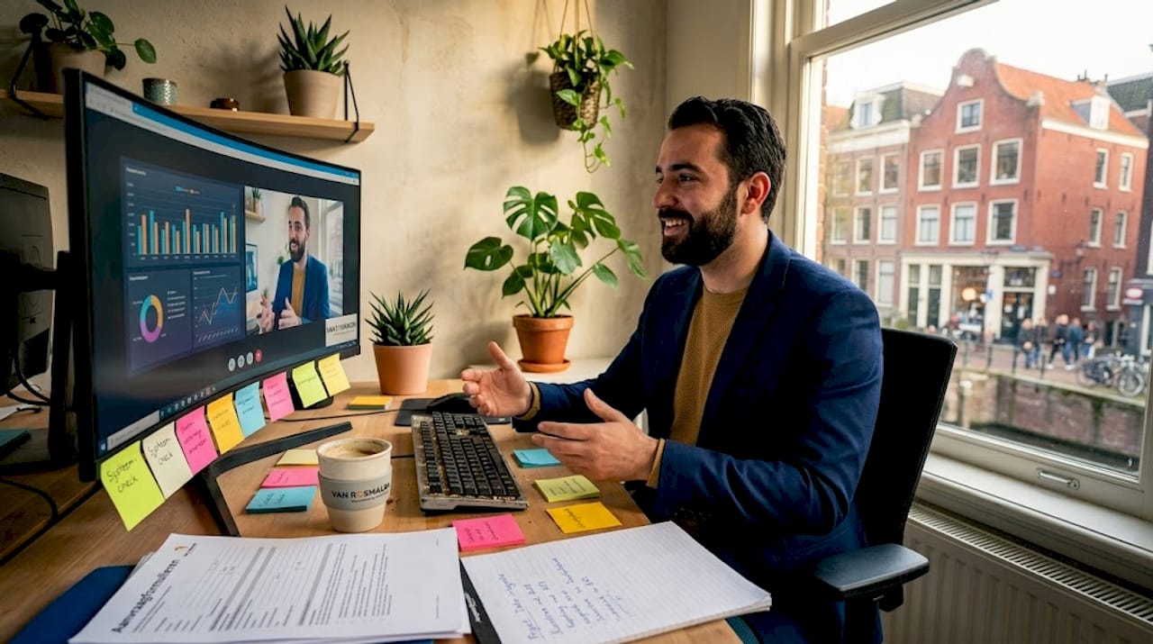 Een IT-consultant zit achter zijn bureau klaar om collega's te helpen met technische vragen.
