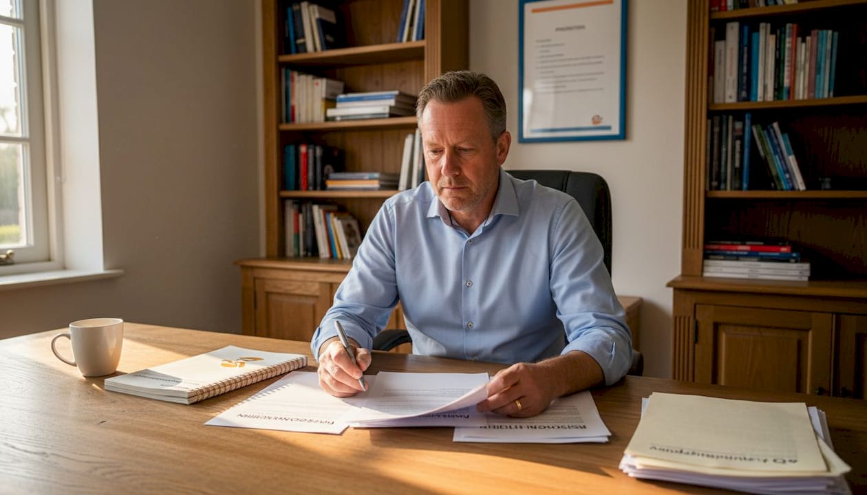 De IT-manager neemt op kantoor de risicoanalyses zorgvuldig door.