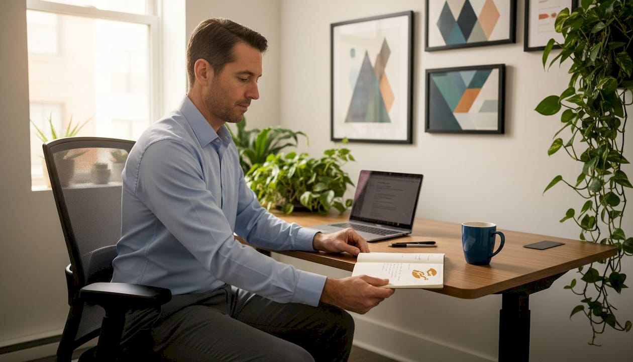 Een medewerker past zijn bureaustoel aan voor een optimale zithouding.
