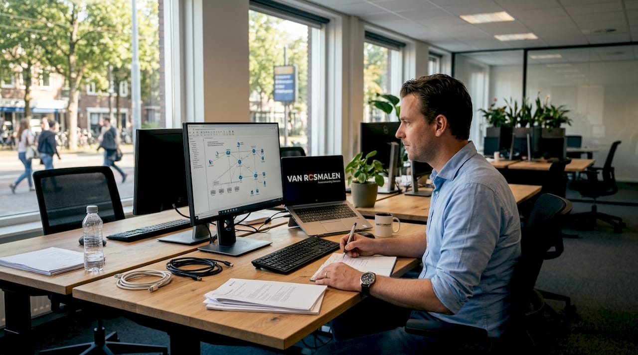 Een IT-specialist bekijkt aandachtig een netwerkdiagram achter zijn bureau.
