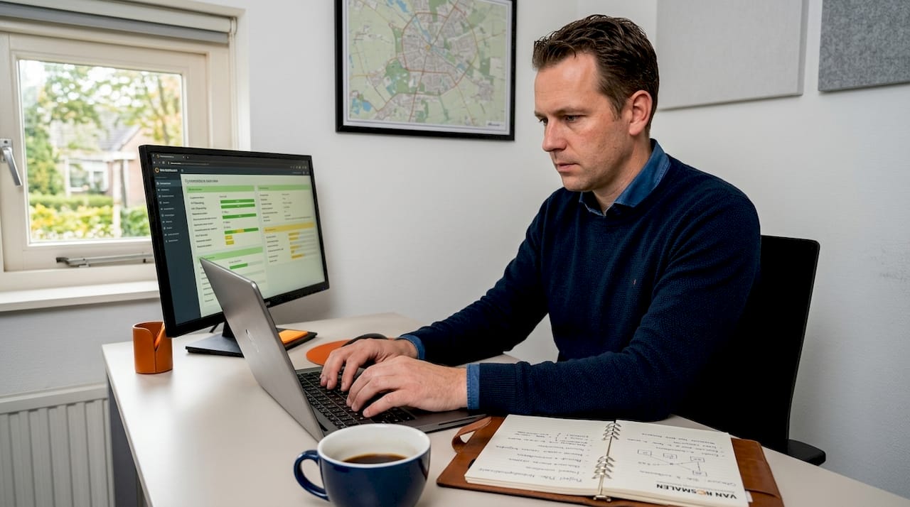 Een IT-specialist zorgt op kantoor voor het beheer van maatwerkoplossingen.