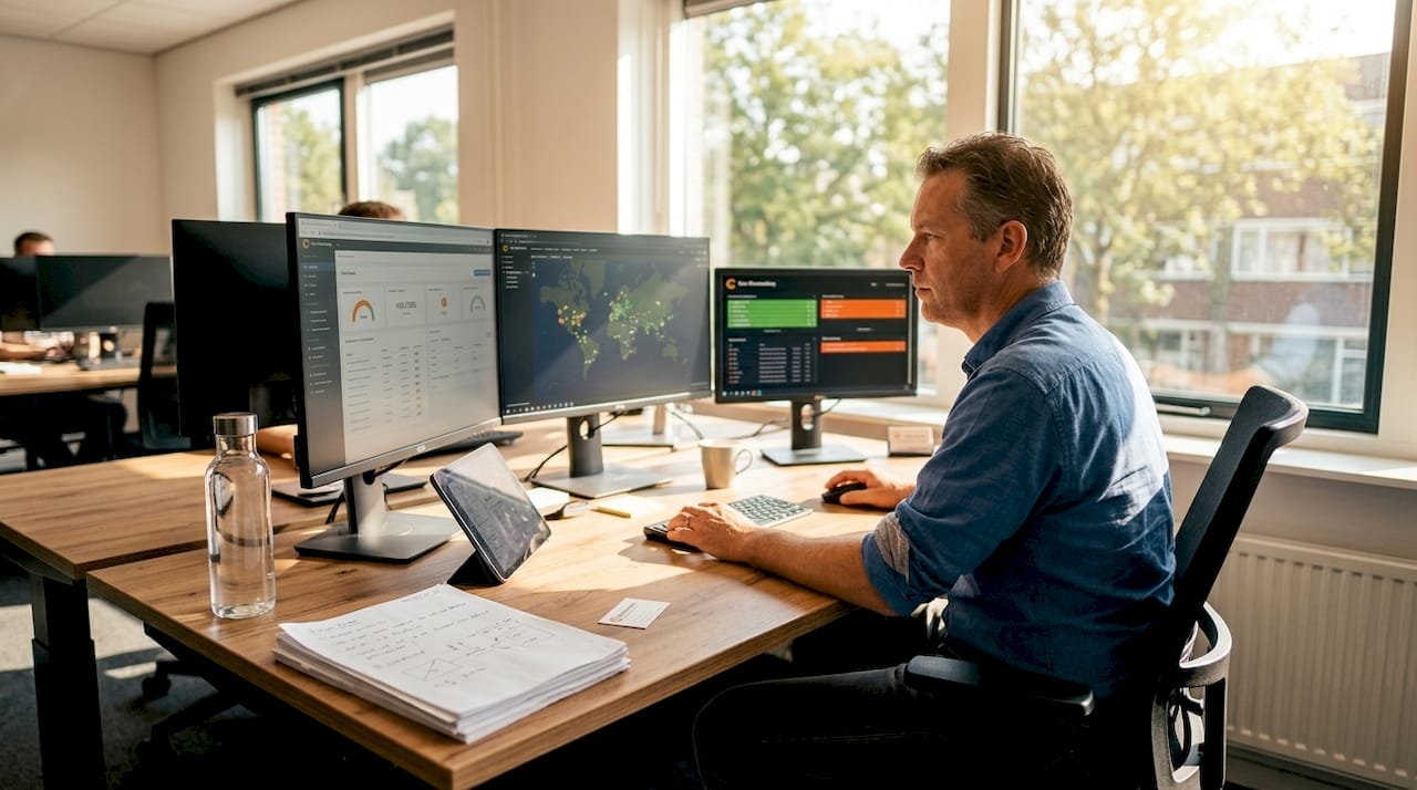 Een IT-specialist houdt vanaf zijn bureau de systemen nauwlettend in de gaten.