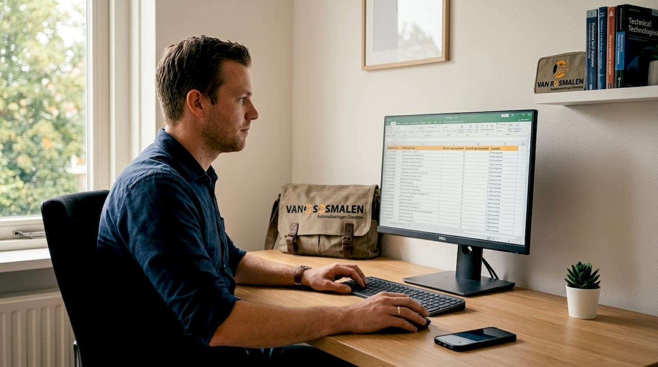 Een IT’er is op kantoor bezig met het bijwerken van de inventaris.