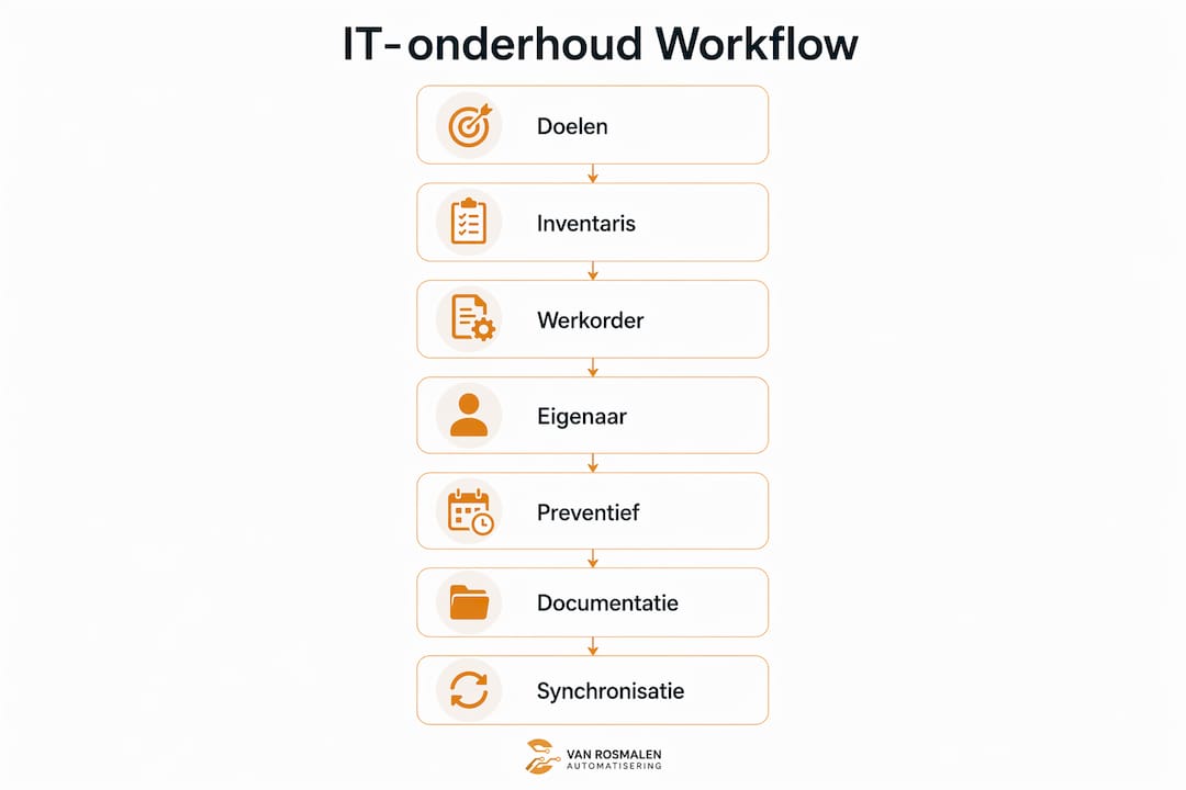 Infographic met een overzicht van de IT-onderhoudsworkflow in duidelijke, genummerde stappen