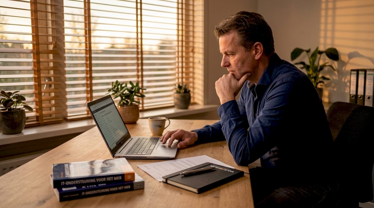 Een mkb-ondernemer is geconcentreerd aan het werk achter zijn laptop op kantoor.