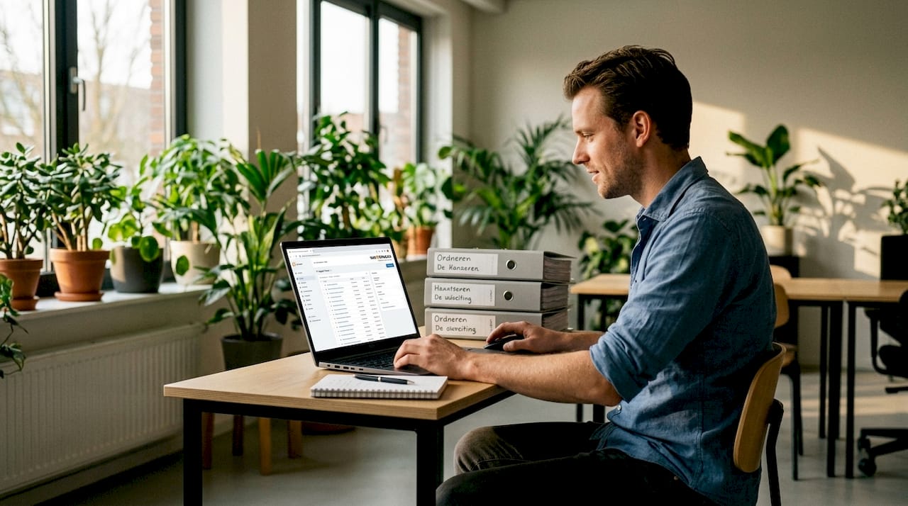 Een IT-professional bekijkt en behandelt supporttickets op kantoor.