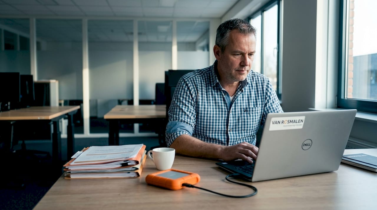 Man bezig met het maken van een back-up op zijn laptop op kantoor.