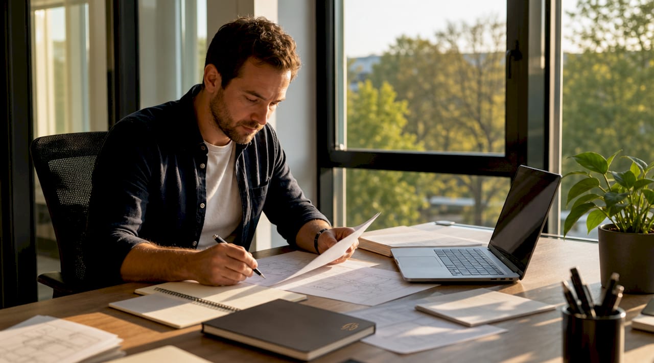 IT-consultant neemt de strategische documenten zorgvuldig door