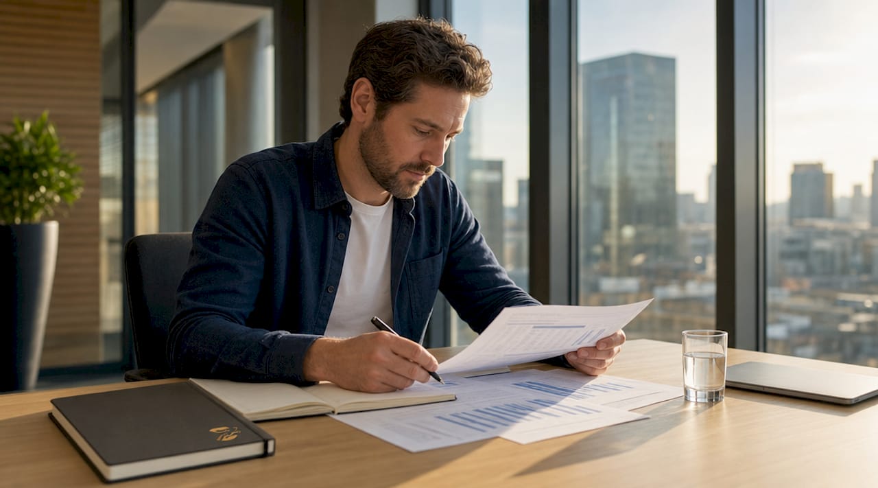 Een professional buigt zich op kantoor geconcentreerd over de IT-kosten en controleert zorgvuldig de bijbehorende documenten.
