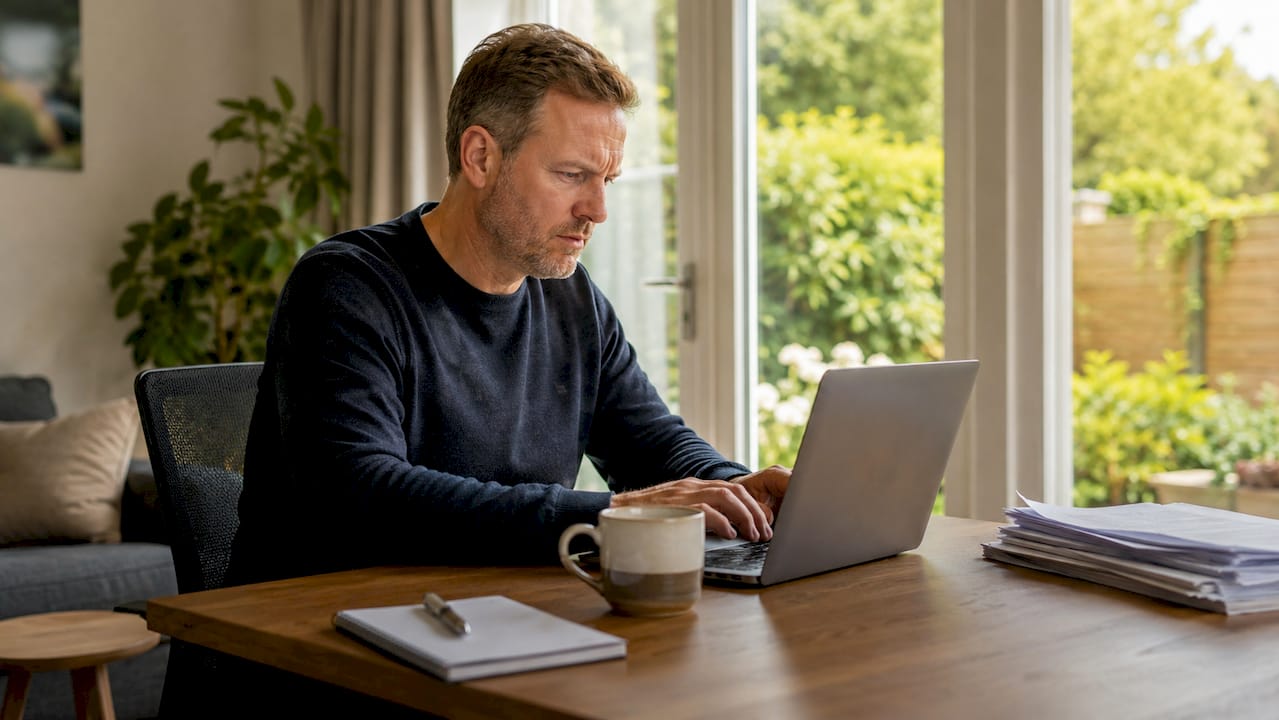 Een man bekijkt op kantoor de nieuwste software-updates op zijn computer.