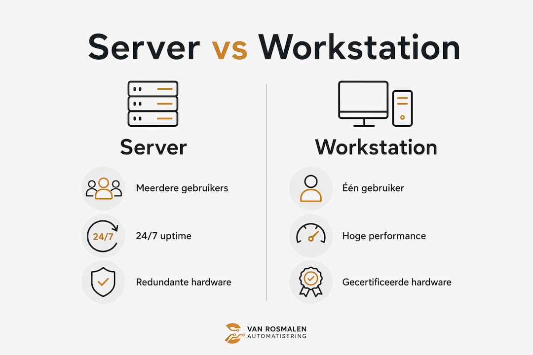 Overzichtelijke infographic met de belangrijkste verschillen tussen servers en werkstations