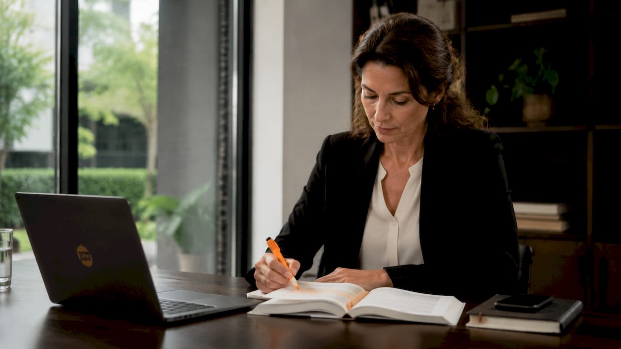 Een ondernemer verdiept zich op kantoor in zijn cybersecuritybeleid.