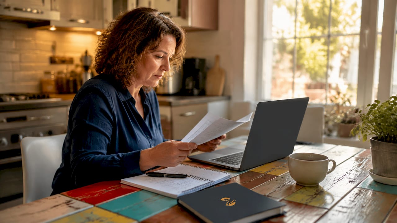 Een vrouw is thuis bezig met het voorbereiden van een VPN-installatie en zit geconcentreerd aan haar bureau.