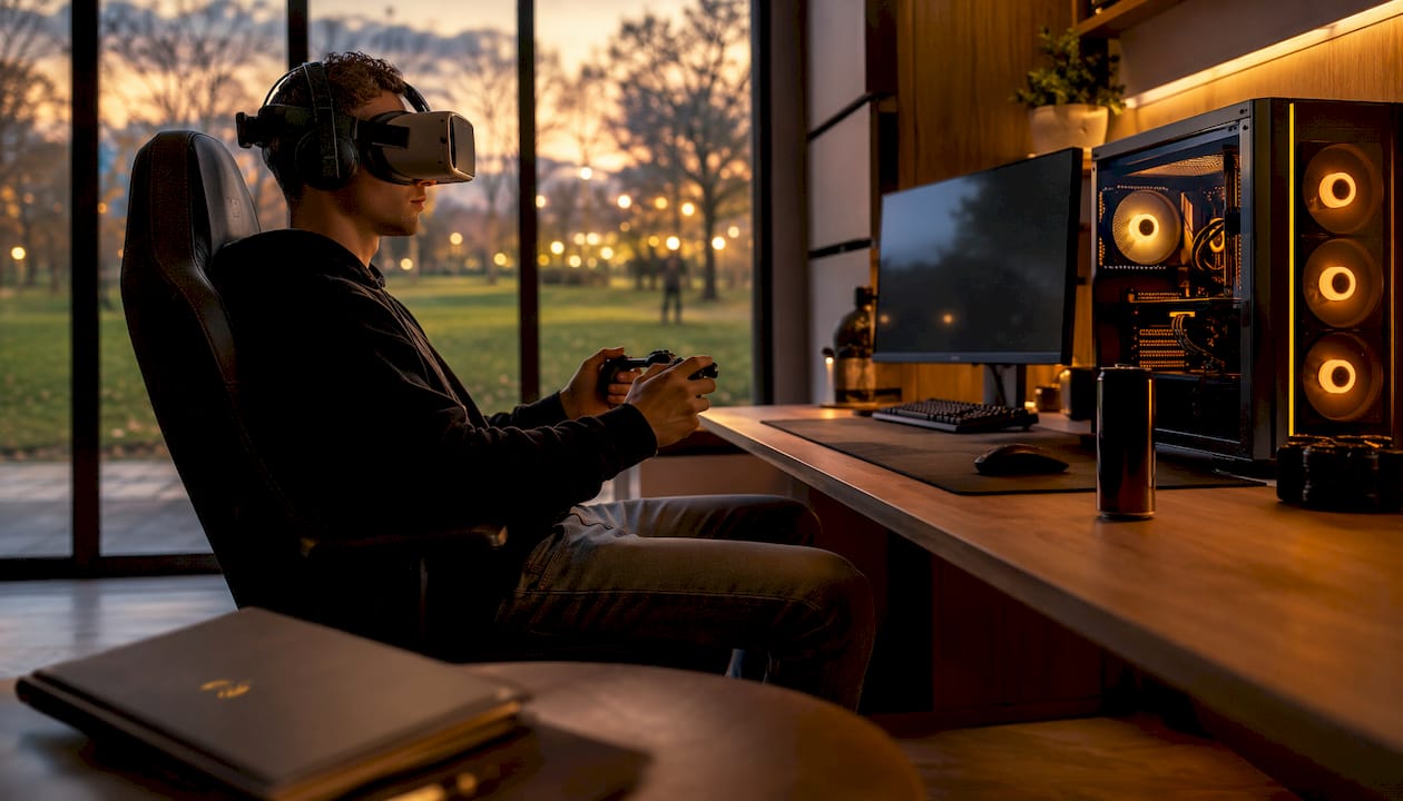 Man geniet van een VR-game op een krachtige computer