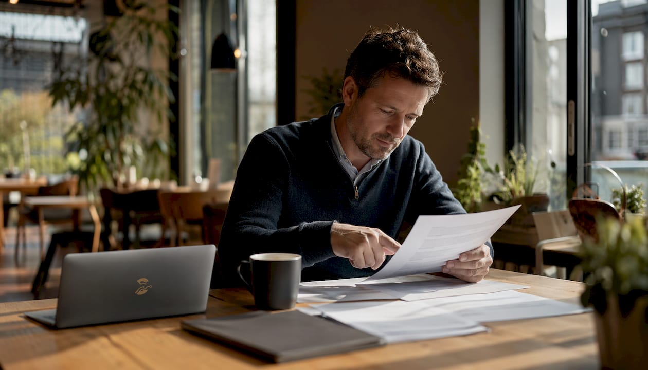 Een mkb-ondernemer verdiept zich aan zijn bureau in het SLA-contract.