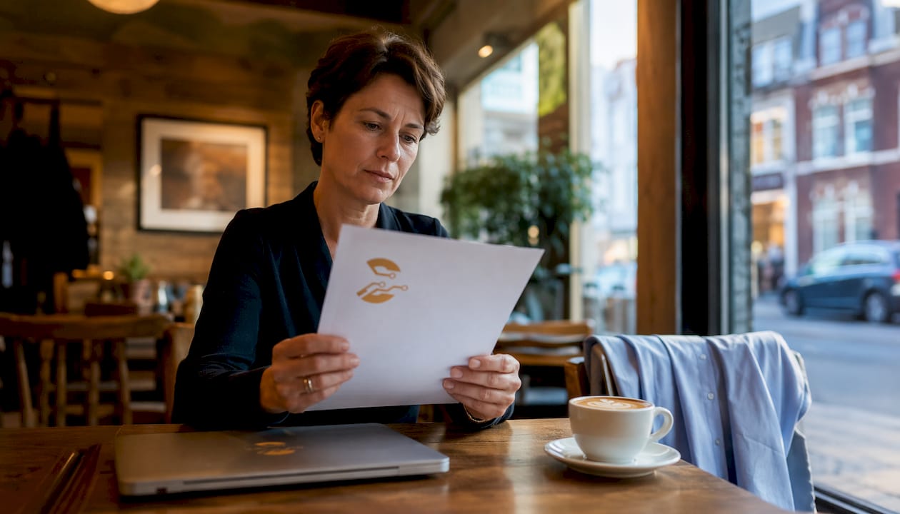 Een zakenvrouw bekijkt aandachtig een certificaat op haar kantoor.