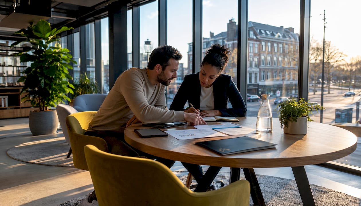 Twee collega’s zitten samen aan tafel en bespreken de inhoud van het project.