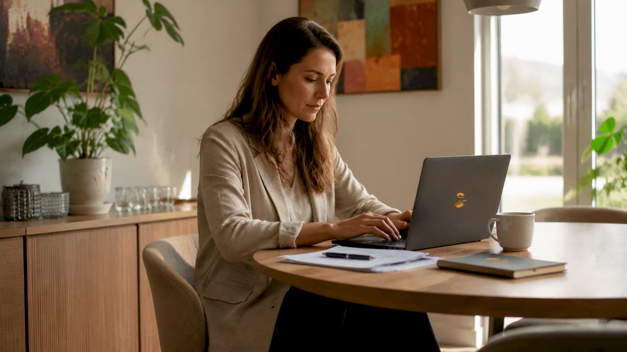 Een vrouw zit thuis op haar werkkamer achter de laptop en is aan het werk.