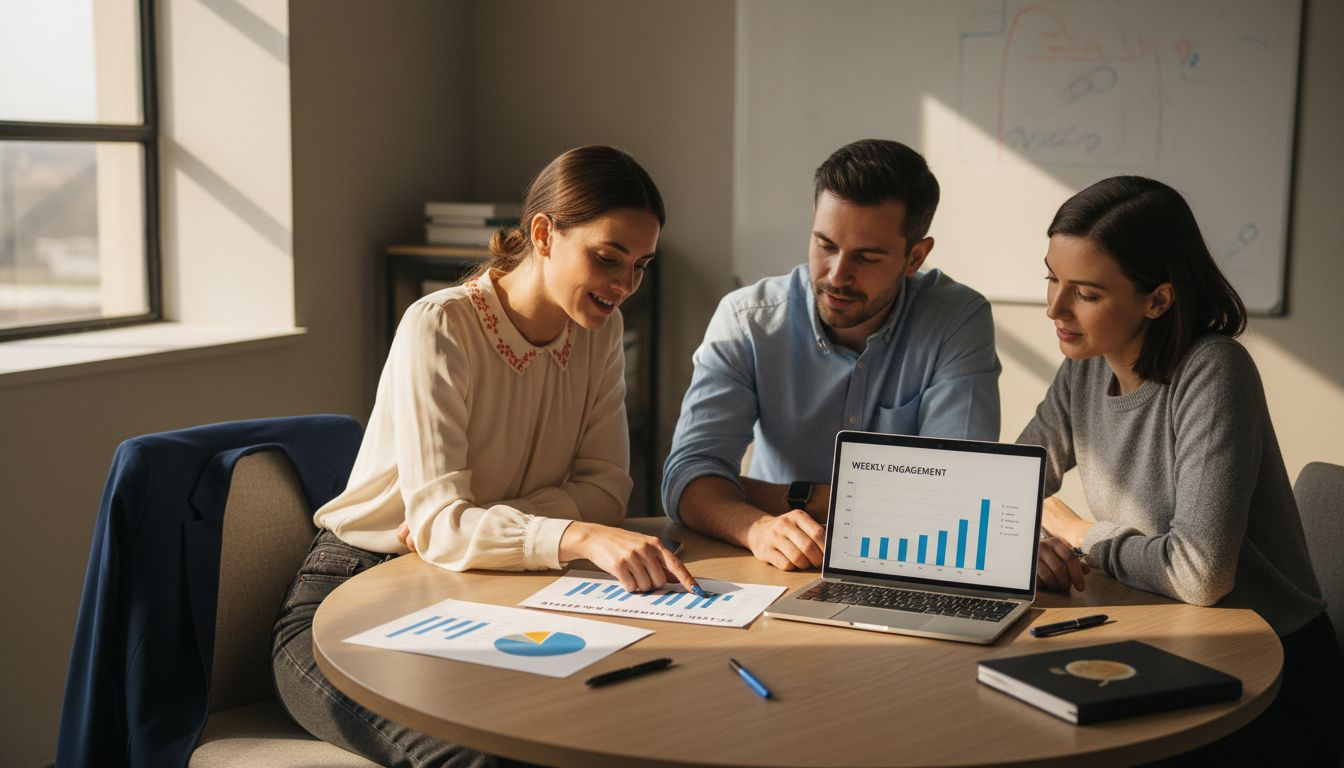 Team discussing LinkedIn engagement benchmarks