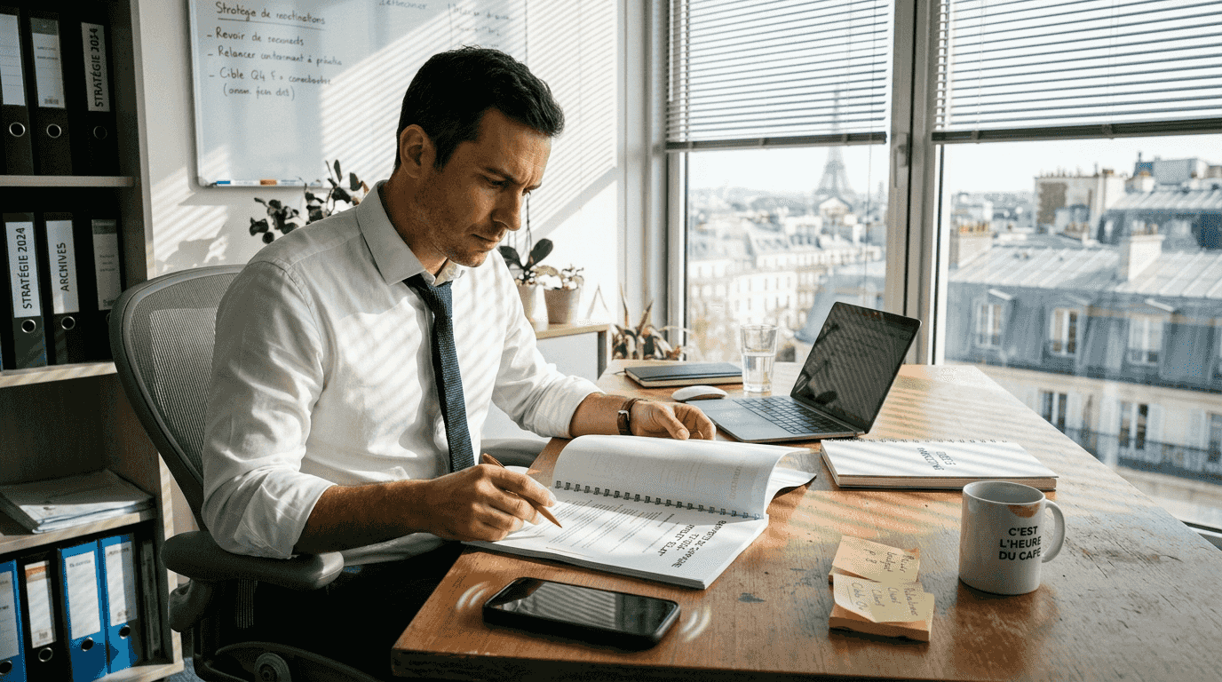 Le manager consulte les rapports papier des indicateurs de performance LinkedIn.