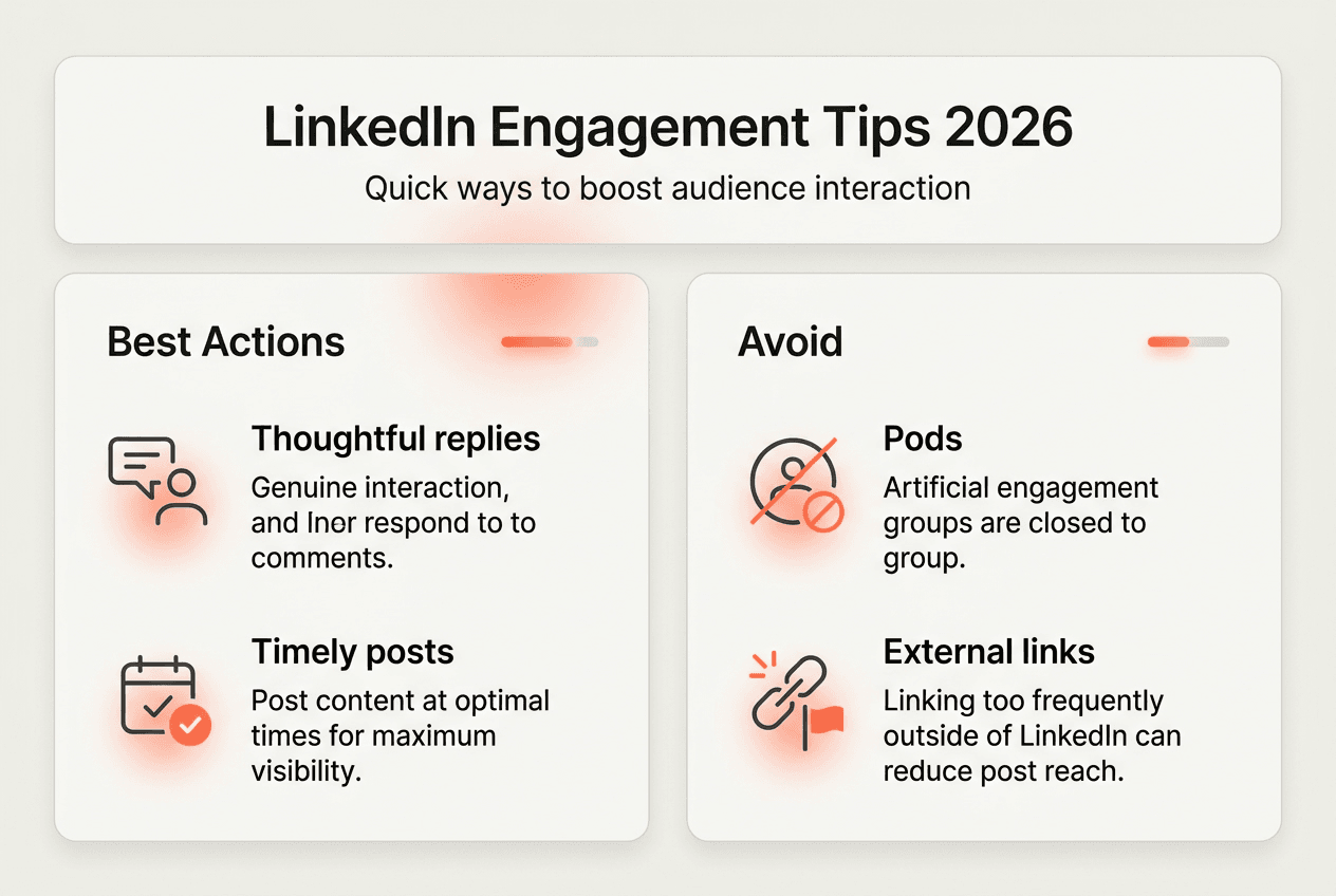 Infographic outlining LinkedIn engagement techniques 2026