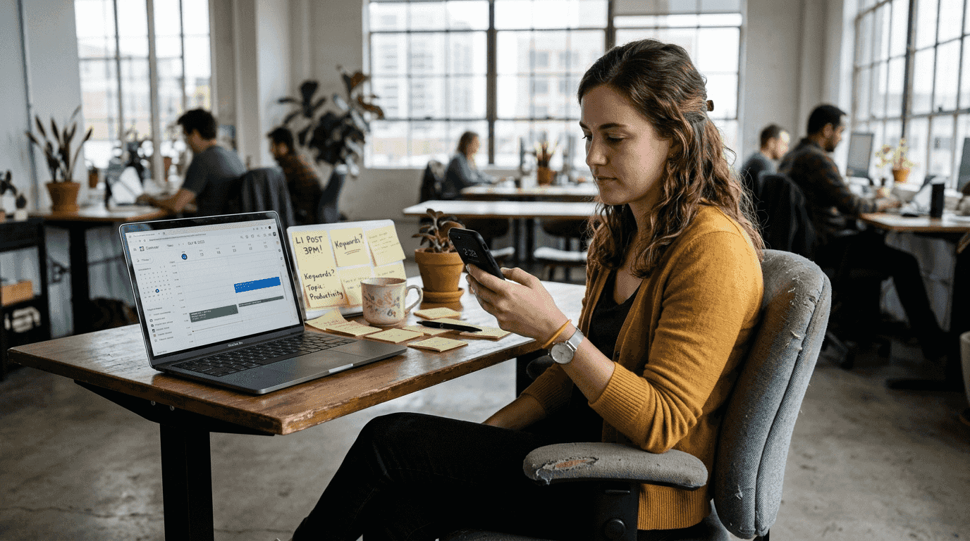 Marketer checking time to schedule LinkedIn post