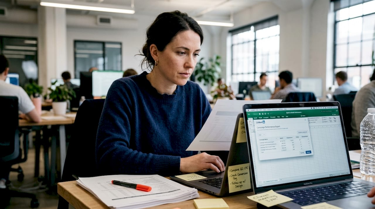 Analyst entering LinkedIn data in spreadsheet