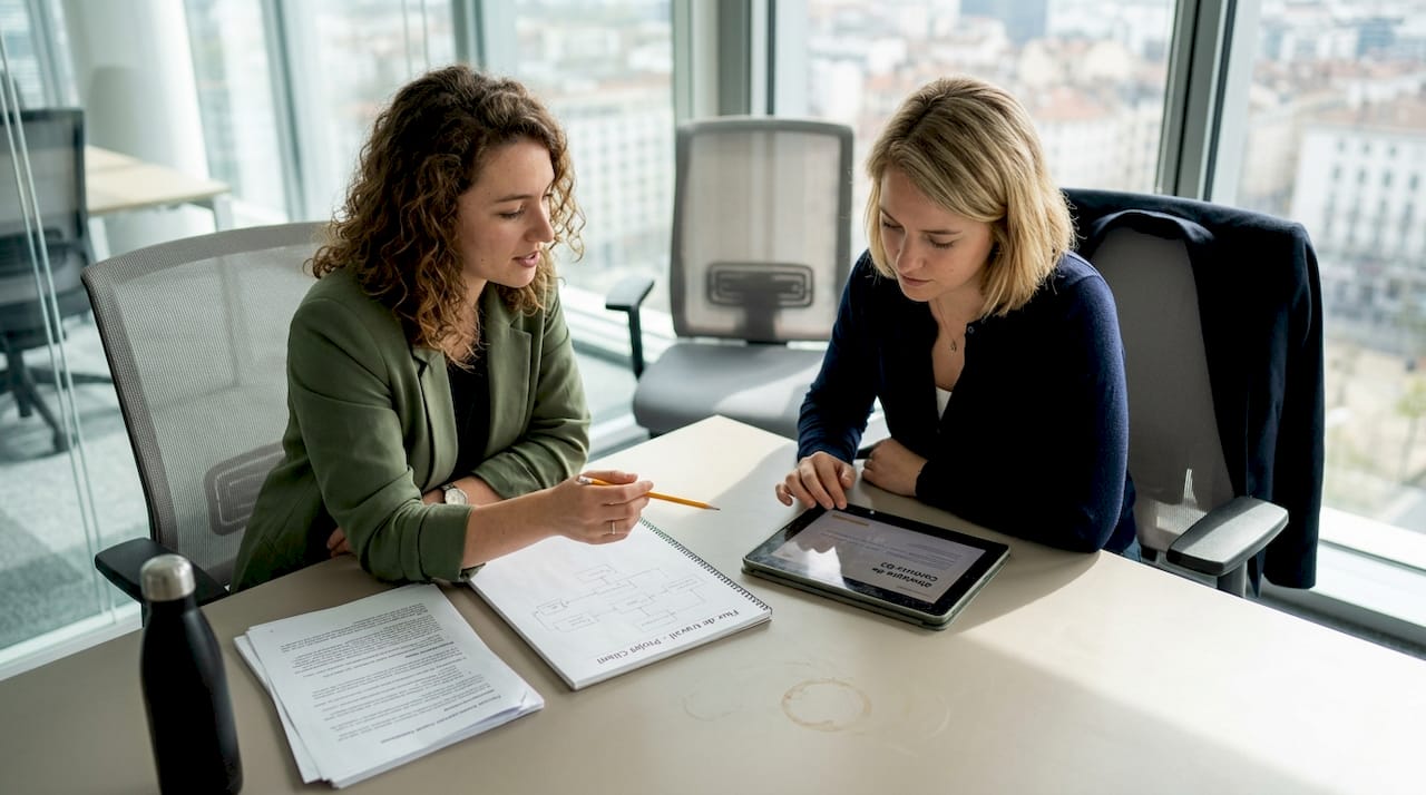Des collègues échangent autour d’une table sur la manière de construire une bonne narration.