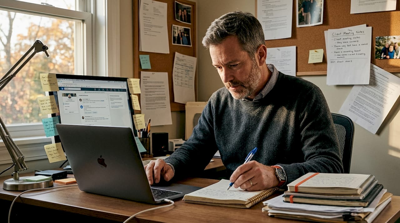 Man drafting LinkedIn content at home office