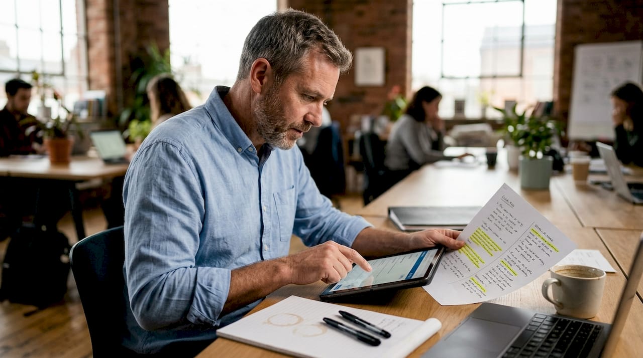 Un homme en train d’optimiser le ciblage de sa campagne publicitaire LinkedIn, installé à son bureau.