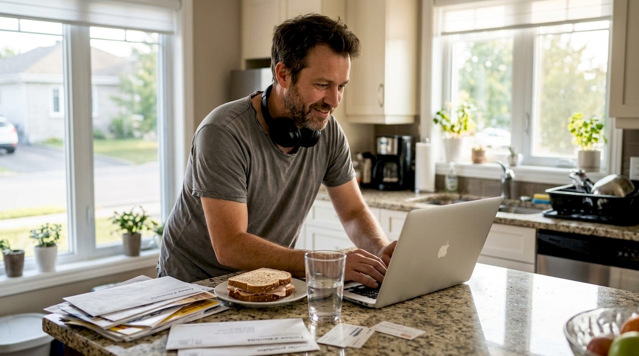 Un homme consulte son profil LinkedIn depuis la cuisine, transformée en espace de travail.