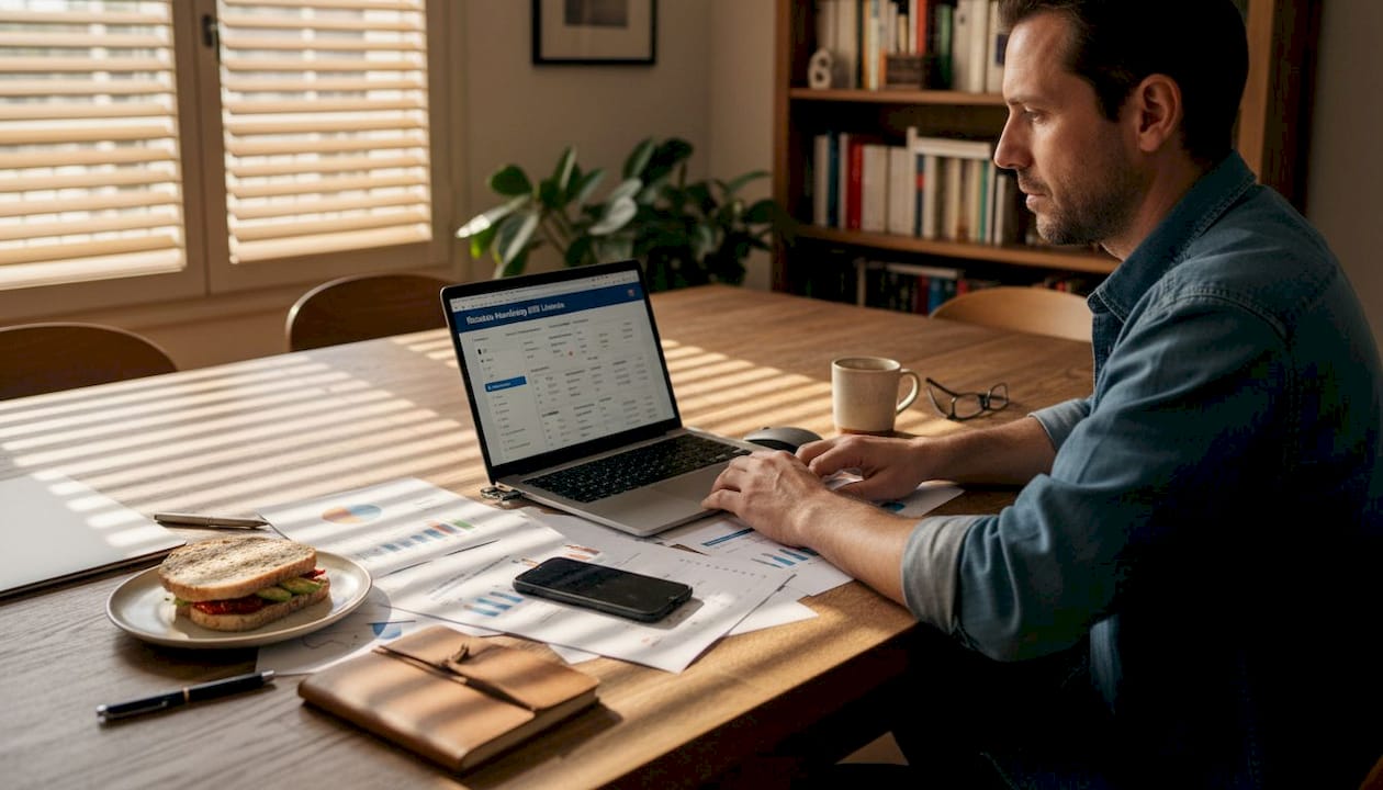 Un marketeur analyse les performances de ses campagnes B2B sur LinkedIn, tranquillement installé chez lui.