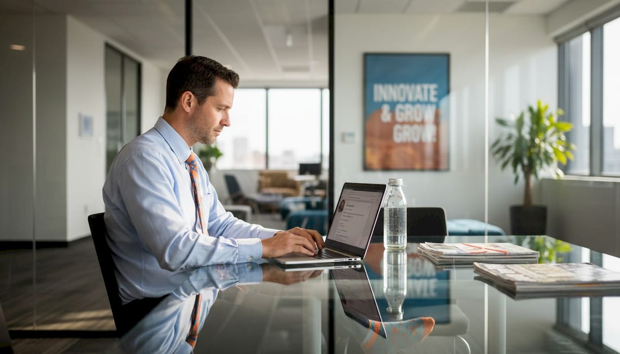 Man engaging with LinkedIn from office meeting room
